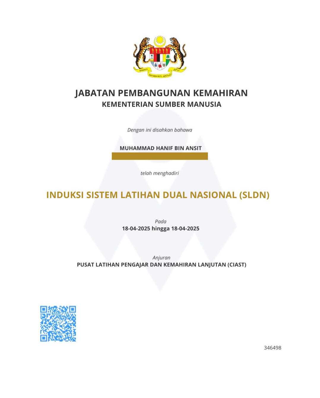 Sijil JPK - Induksi Sistem Latihan Dual Nasional (SLDN) Sijil Mengikuti Kursus Induksi Perantisan ADi (Akademi Dalam Industri)